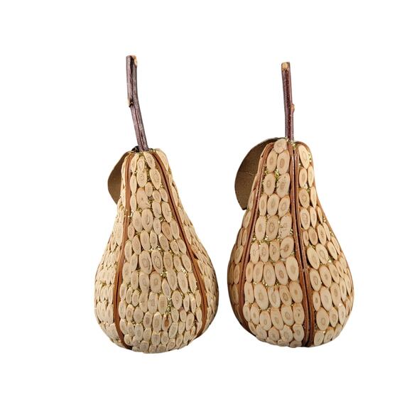 Set of 2 Handmade Wooden Pear Ornaments with Natural Bark and Leaf Accents - Picture 5 of 12
